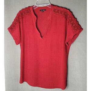 Papermoon Red Crochet Shoulder Split Neck Blouse Size M
